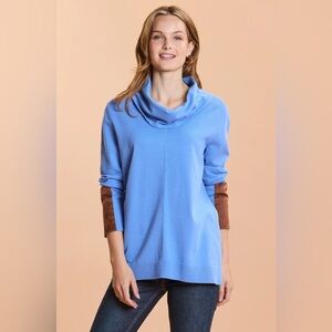 Tyler Böe Cowl Neck Tunic Sweater Cotton Cashmere Blend Blue w/ Suede Accent L